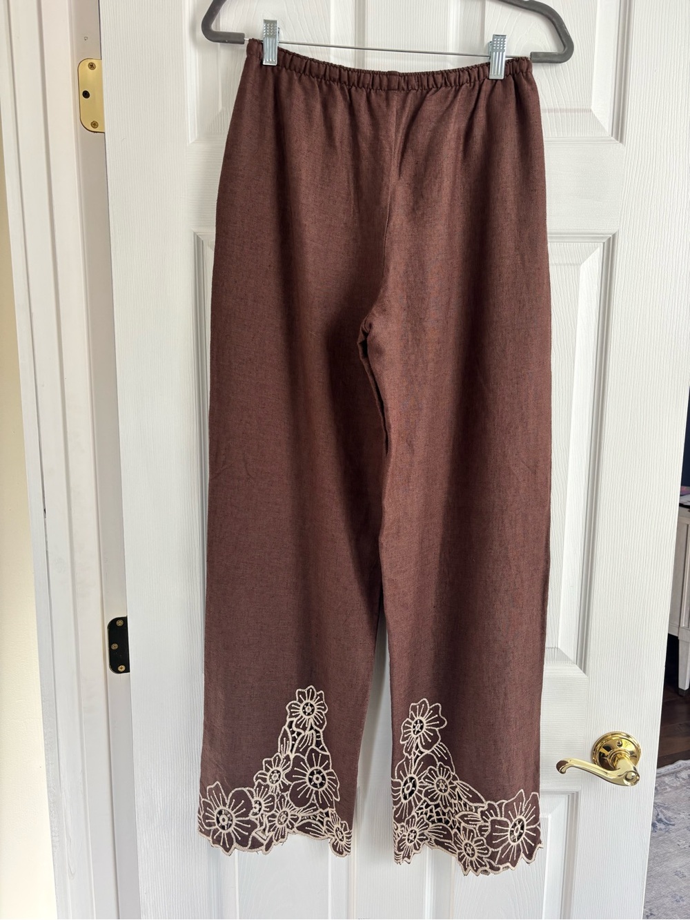 Abercrombie & Fitch Brown Linen-Blend Embroidered Hem Pants